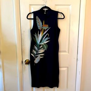 Tory Burch Embroidered Floral Sequin Embellished Sleeveless Dress Navy Small